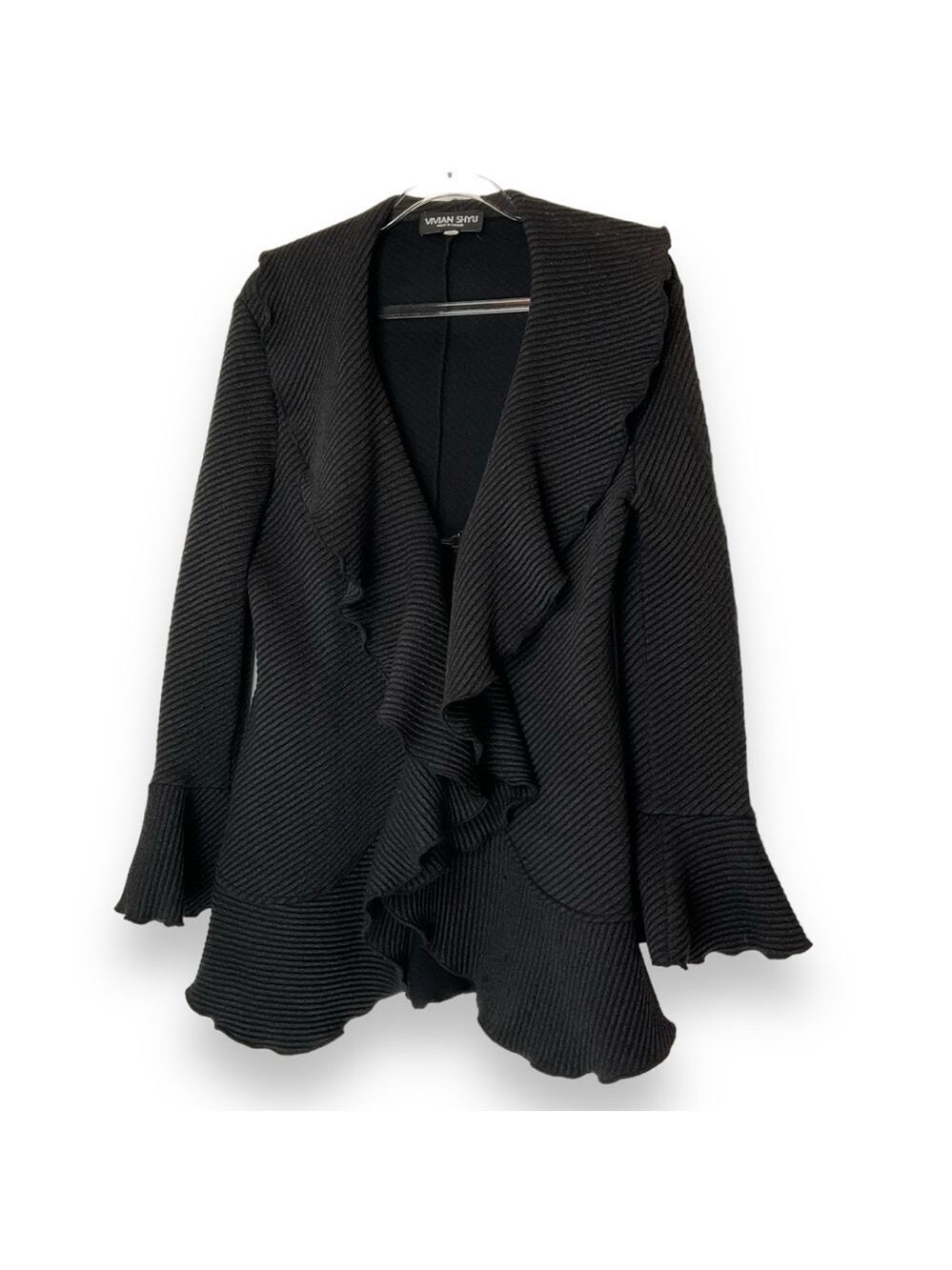 Vivian Shyu Cardigan Sweater Wool Black Knit Ruffle‎ Jacket Designer Size Medium